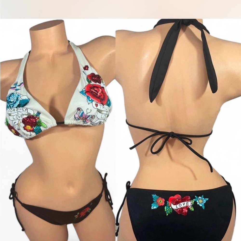Victoria's Secret Floral Embroidered Bikini Black White Red Tattoo Y2K Ed Hardy